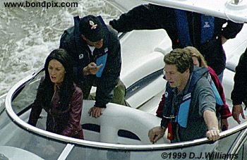 On location with the action unit for the James Bond 007 film 'The World is not Enough'. An exciting boat chase filmed on the River Thames in London