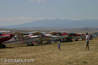 A row of aircraft at the annual fly in at Pogreba Field, Three Forks, Montana